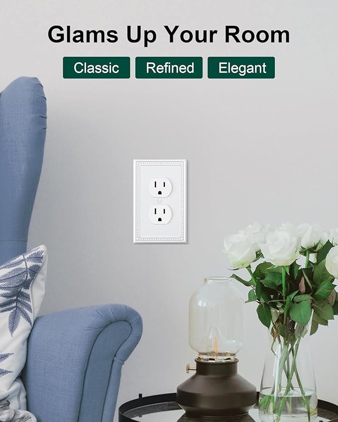 6-Pack Duplex Outlet Cover Plate, Pure White Metal Wall Plates for Electrical Outlets, 1 Gang Receptacle Light Switch Cover, Pearls Decorative Switch Plates and Outlet Covers