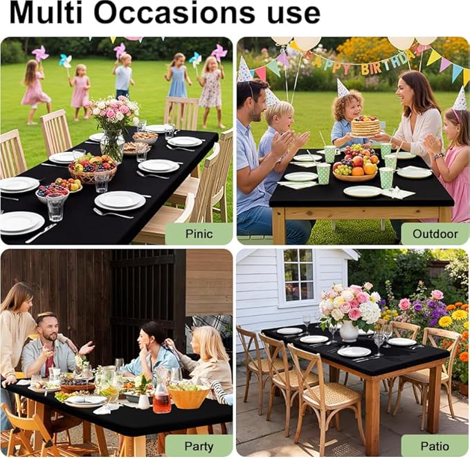 Smiry Rectangle Picnic Table Cloth, Waterproof Elastic Fitted Tablecloths for 8 Foot Tables, Washable Polyester Table Cover for Camping, Indoor and Outdoor (Black, 30"x96")
