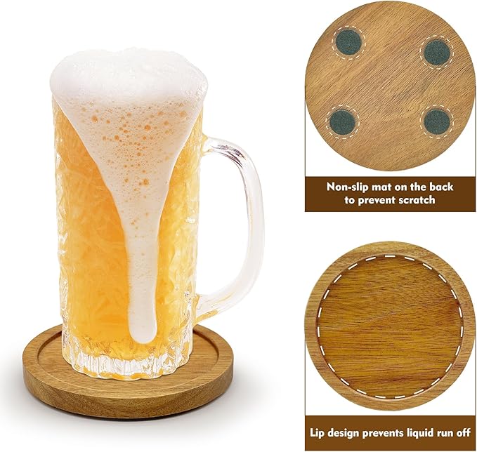 Acacia Wood Coaster Set of 4 with Holder, Non-Slip Heat-Resistant Wooden Coasters, Modern Decorative Coasters for Coffee Table, Dining Table & Kitchen Accessories