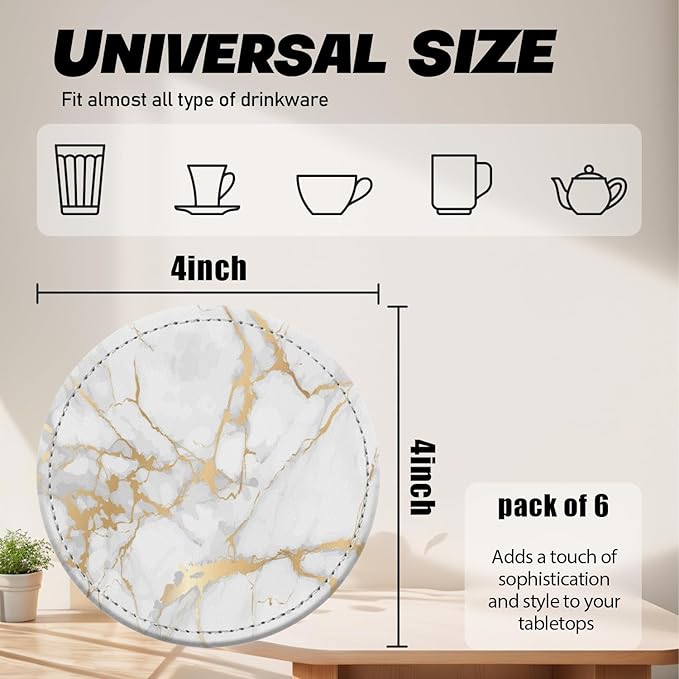 Coasters for Drinks PU Leather,Set of 6 with Holder,Round Housewarming Gift Home Decor,White and Golden Marble