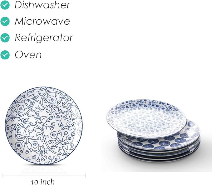 Selamica 10 inch Porcelain Dinner Plates, Large Size Ceramic Plates for Salad, Pancakes, Scratch Resistant, Microwave, Oven and Dishwasher Safe Plates Set of 6, Vintage Blue