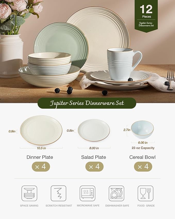 Famiware Jupiter Dinnerware Set, Plates and Bowls Dish Sets for 4 (12 Pieces), Microwave and Dishwasher Safe Stoneware Speckled Tableware, Chip and Scratch Resistant, Multi-color