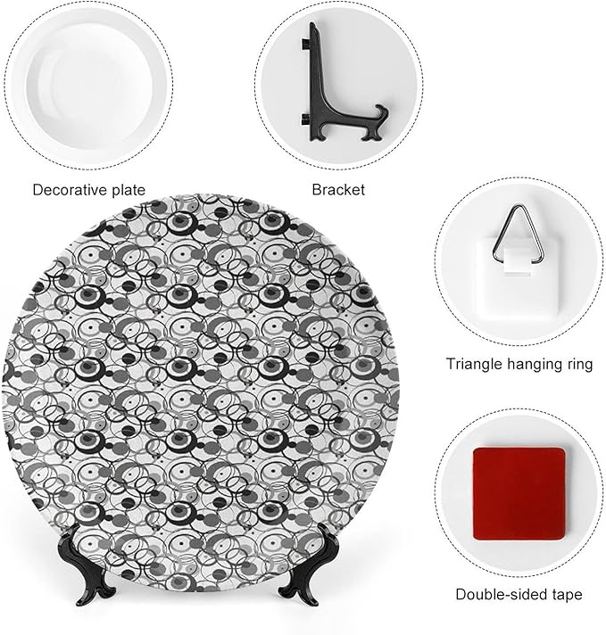 Ceramic Plates, Abstract Decorative Ceramic Plates, Monochrome Circles Dots Surreal Geometric Modern, 6 Inch, for Dining, Parties, Wedding, Grey Black White