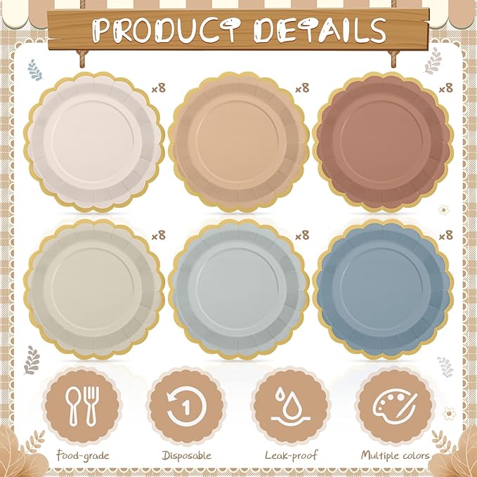 48 Pcs Morandi Color Paper Plates 9 Inch Pastel Scalloped Disposable Colored Boho Dinner Dessert Paper Plates for Birthday Wedding Bridal Party Supplies, 6 Colors