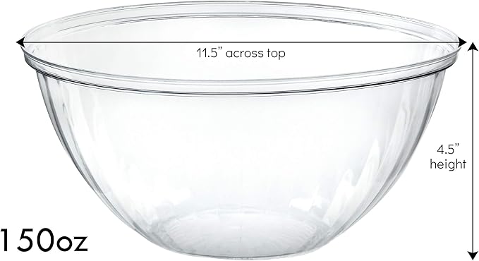 PLASTICPRO Disposable 150 Ounce Round Crystal Clear Plastic Serving Bowls for Snack or Chip ,Candy Dish, Party Salad Container Pack of 2
