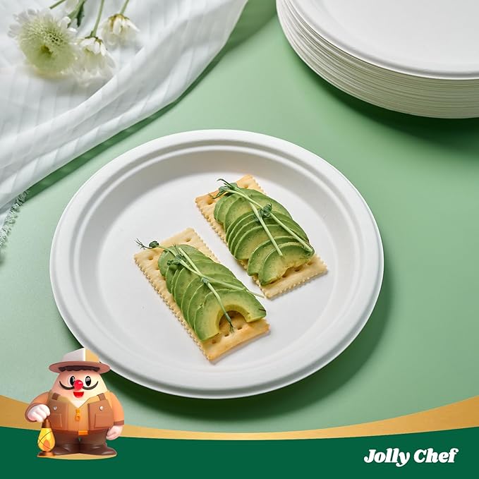 JOLLY CHEF Compostable Heavy Duty Plates 𝟭𝟬 𝗜𝗻𝗰𝗵 [𝟱𝟬𝟬 𝗣𝗮𝗰𝗸] Eco-Friendly Disposable White Uncoated Paper Plates Bagasse Sugarcane Biodegradable for Hot Cold Food Party Dinner Christmas