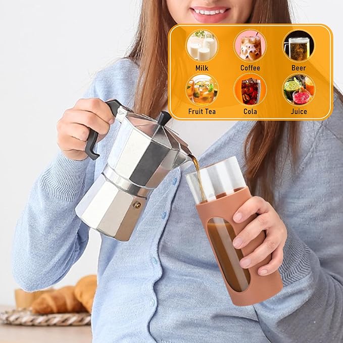 Tronco 20oz Glass Tumbler with Bamboo Lid and Straw, Glass Cup For Boba,Iced Coffee,Smoothie, Spill Proof Glass Water Bottle With Silicone Protective Sleeve, Dishwasher Safe,BPA Free
