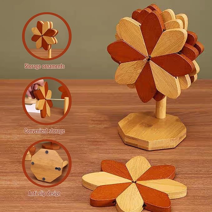Wooden Tree Coaster, Trivet for hot Dishes, Trivet for hot Pot and Flat Bottomed pan, Wooden Windmill Cup Holder -3 or 4 or 5 Wooden mats+1 Bracket(Windmill placemats 4 pcs)