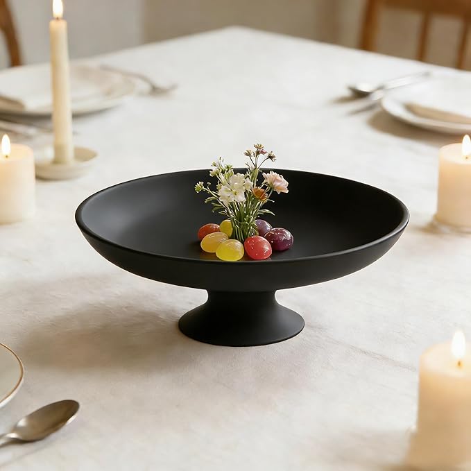 Large Black Decorative Bowl, Decorative Fruit Bowl for Kitchen Counter, Modern Pedestal Bowl for Home Decor, Stylish Key Bowls for Entry Table, Coffee Table Decorations