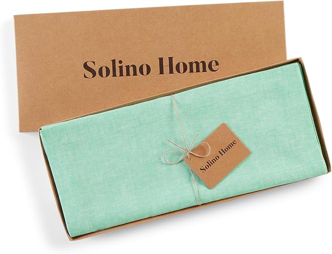 Solino Home Linen Table Runner 120 Inches Long - Athena, 100% Pure Linen Chambray Aqua Dining Table Runner 14 x 120 Inch for Winter, Spring, Easter