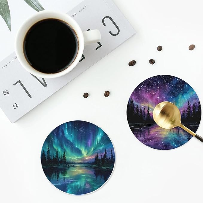 Northern Lights Coasters for Drinks with Holder Round Leather Coasters Set of 6 Cups Mugs Mat Pad for Home Kitchen Bar