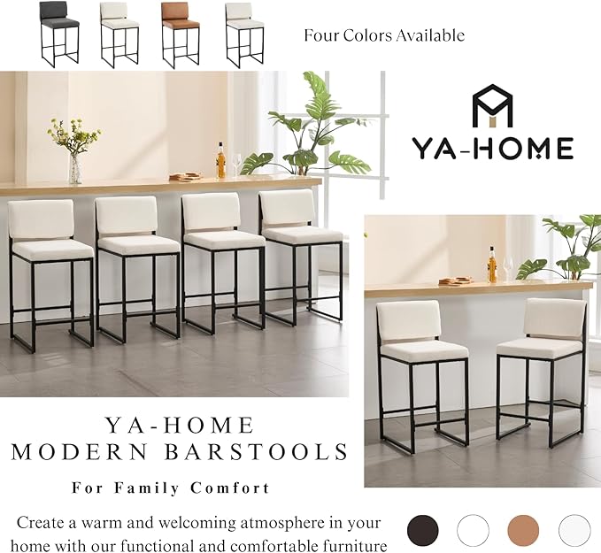 Modern Barstools Set of 4, 26” Upholstered Counter Height Bar Stools Sherpa Fabric Counter Stools with Padded Back Metal Frame for Kitchen Island Dining Room, White