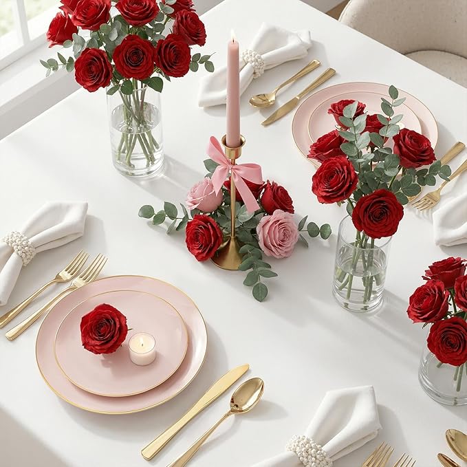 WDF 150Pcs Pink Plates Disposable - Pink and Gold Plastic Plates 25guest Disposable Dinnerware Include 25 Dinner Plate, 25 Dessert Plate, 25 Cutlery & 25 9oz Cups for Wedding, Party, Valentine's Day