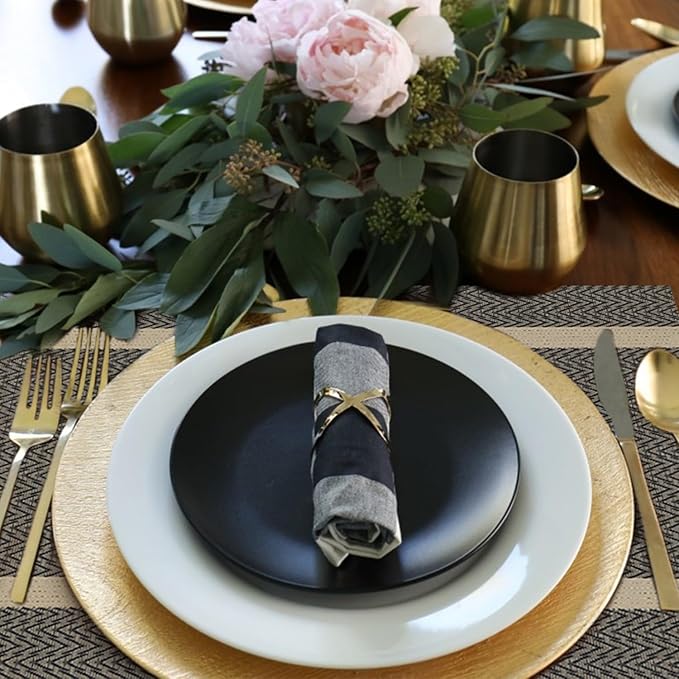 FAVE Placemats Set of 6 Brown Placemat Woven with Golden Thread Durable and Wipeable Vinyl Placemats Heat Resistant Table Mats Set of 6 High Texture Place Mats for Kitchen Table (Brown)