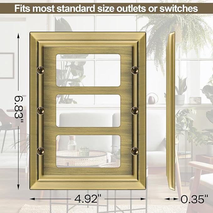 Metal Wall Plate for Electrical Outlets, Decorative Antique Brass Switch Plates Outlet Cover, Light Switch Cover Plate, 3-Gang Wall Plates (Triple Decoretor, 1 Pack)