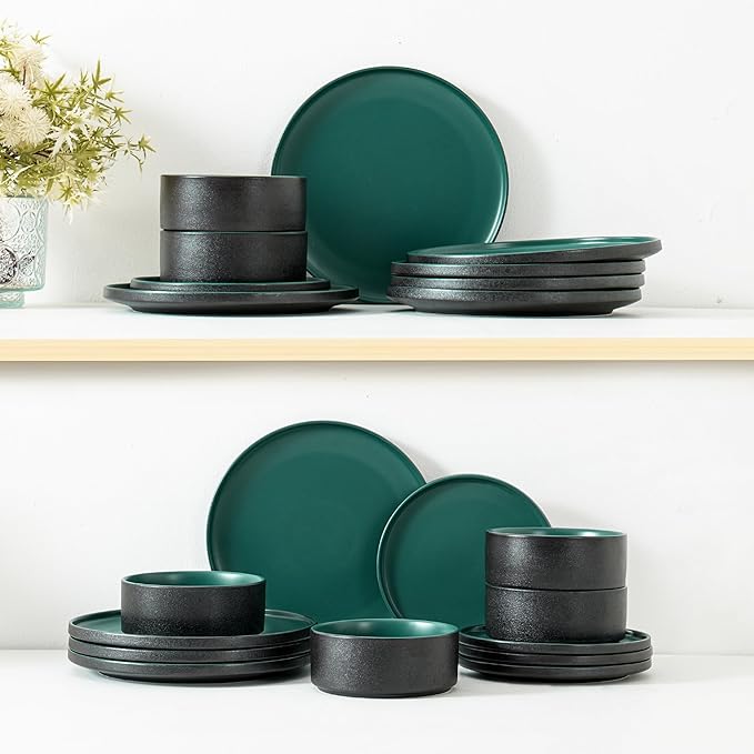 12 Piece Ceramic Dinnerware Set for 4, Modern Minimalist Stoneware Dinner Plates and Bowls, Microwave Safe, Dishwasher Safe, Versatile for All Seasons, Matte Green