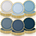 96 Pcs Dusty Blue Paper Plates 9 Inch Gradient Scalloped Paper Blue Disposable Dinner Dessert Plates for Birthday Wedding Bridal Party Supplies, 6 Colors
