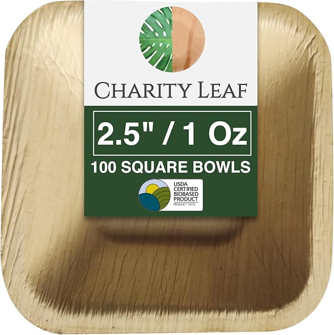 Charity Leaf Disposable Palm Leaf 2.5" Square Mini Bowl (100 pcs) Dipping Bowls | Bamboo Like| All Natural and Biodegradable | Charcuterie Boards, BBQs, and Parties