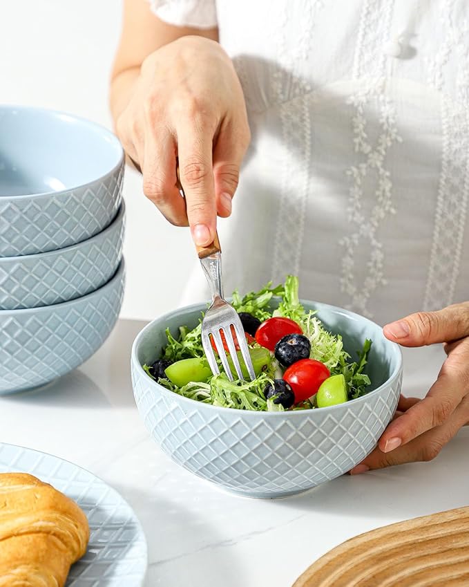 HASENSE Soup Bowls 26 OZ, Ceramic Bowls Set of 4 for Kitchen, Stoneware Porcelain Cereal Bowls for Soup, Cereal, Oatmeal, Fruit, Salad, Noodle and Rice, Microwave Dishwasher Safe,Blue
