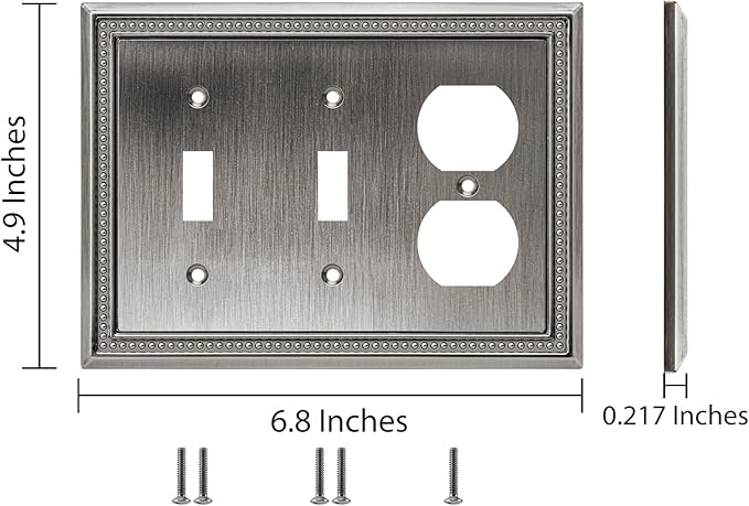 Henne Bery Sunken Pearls Heavy Duty Decorative Wall Plate Switch Plate Outlet Cover (Double Toggle/Single Duplex, Heirloom Silver)