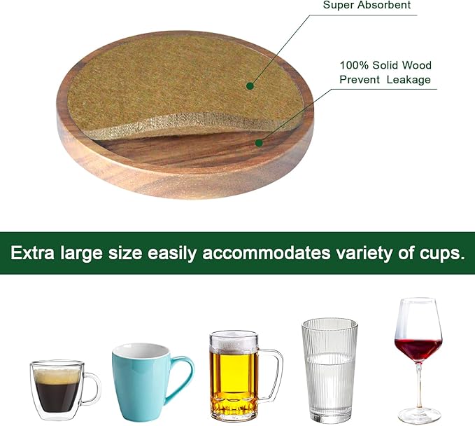 5 Pack Coasters for Drinks Absorbent, Wood Coasters with Felt Pads, Drink Coasters for Coffee Tabletop Protection, Non-Slip, Non-Stick, Suit for Kinds of Cups 4.3 inch Brown