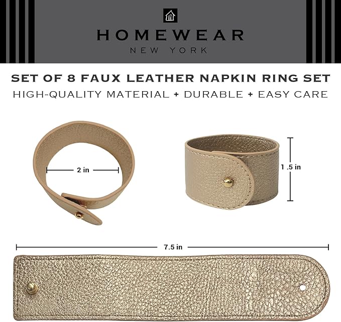 Luxury Leather Napkin Rings Set of 8, Champagne, Morgan Faux Style, Modern Cuff Design for Wedding Party Decorations, Kitchen, Holiday Table,Rust Proof,Hotel, Home, Table Accessories, Dining