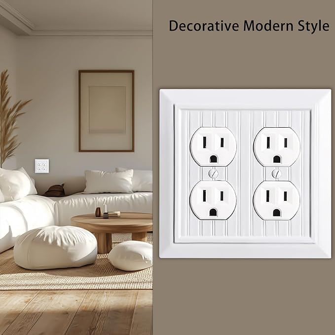 Beadboard Outlet Covers Wall Plates, Bamboo Fiber Light Switch Covers, Natural Material Electric Receptacle Decorative Switch Plate Outlet Cover (Pure White, 2 Gang Duplex 2 Pack)