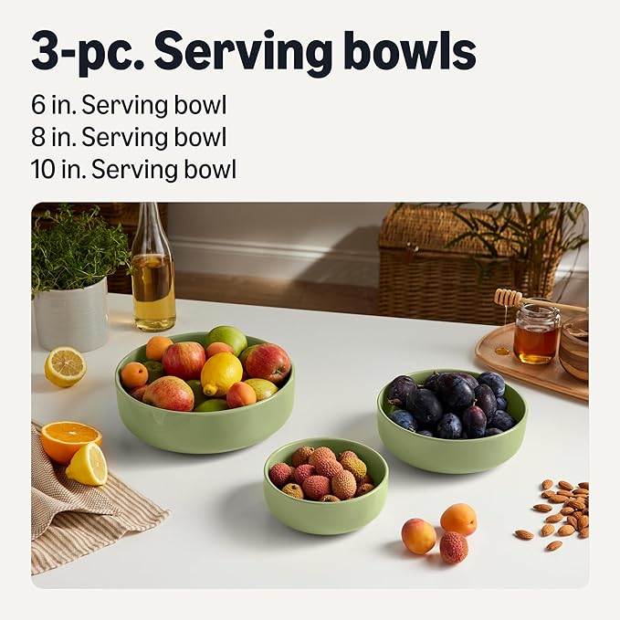 Amazon Basics Glazed Stoneware Serving Bowls, 3-Piece Set, Dishwasher-Safe, Olive