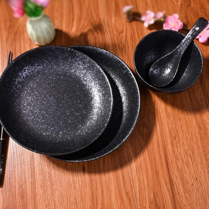 4-Piece Ceramic Dinnerware Set, Plate, Dish, Bowl, Spoon, Japanese Hand-painted Tableware set, A Good Tableware (Black)