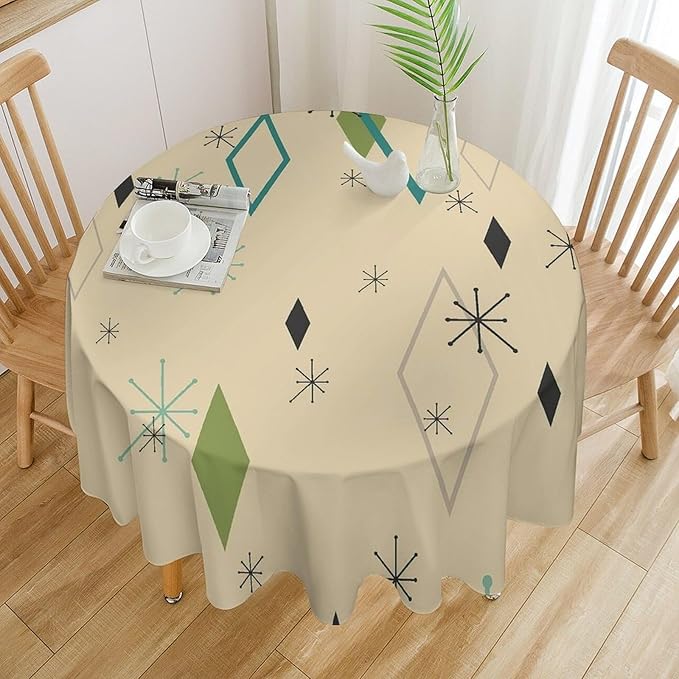 Colorful Middle Century Round Tablecloth, Vintage Bohemian Mid Century Modern Retro Print Tablecloth for Home Party Dining Room Kitchen Decor 60Inch(152cm)