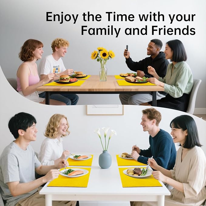 Blue Forest Placemats Set of 4, Dual-Layered Thickened Faux Linen Table Mats Heat Resistant Machine Washable Wrinkle Free Place Mats for Kitchen Dining Outdoor/Indoor (Bright Yellow)