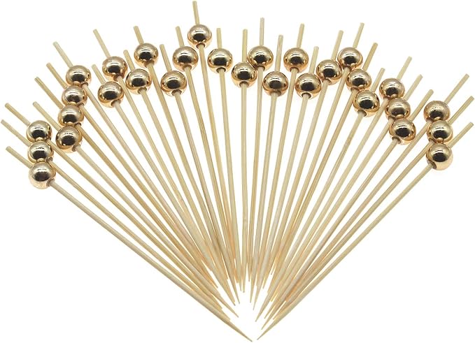 Minisland Gold Pearl Cocktail Picks, 4.7 Inch Long Bamboo Fancy Toothpicks for Appetizers, Decorative Christmas New Year Holiday Party Food Drink Garnish Fruit Kabob Skewer Sticks 100 Counts - MSL150