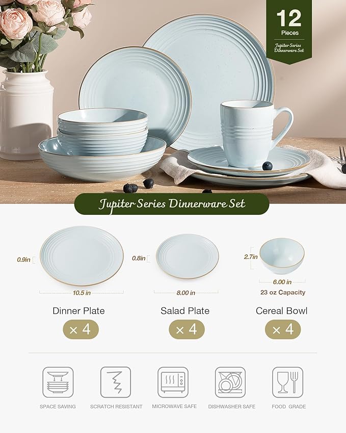 Famiware Jupiter Dinnerware Set, Plates and Bowls Dish Sets for 4 (12 Pieces), Microwave and Dishwasher Safe Stoneware Speckled Tableware, Chip and Scratch Resistant, Light Blue