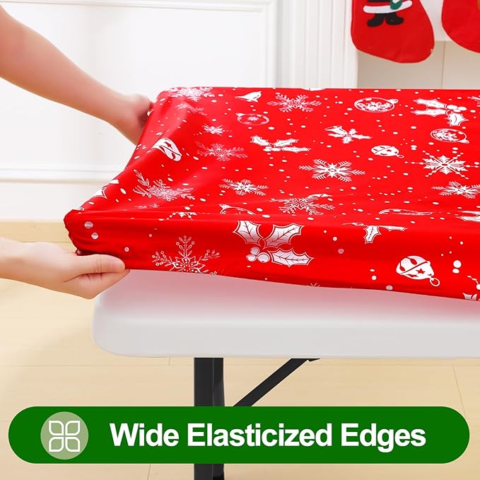Smiry Plastic Christmas Tablecloth, Snowflake Wipeable Flannel Backed Vinyl Tablecloth, Waterproof Elastic Fitted Table Cover for Christmas Dinner, and New Year Celebration (White & Red, 30x72 Inches)
