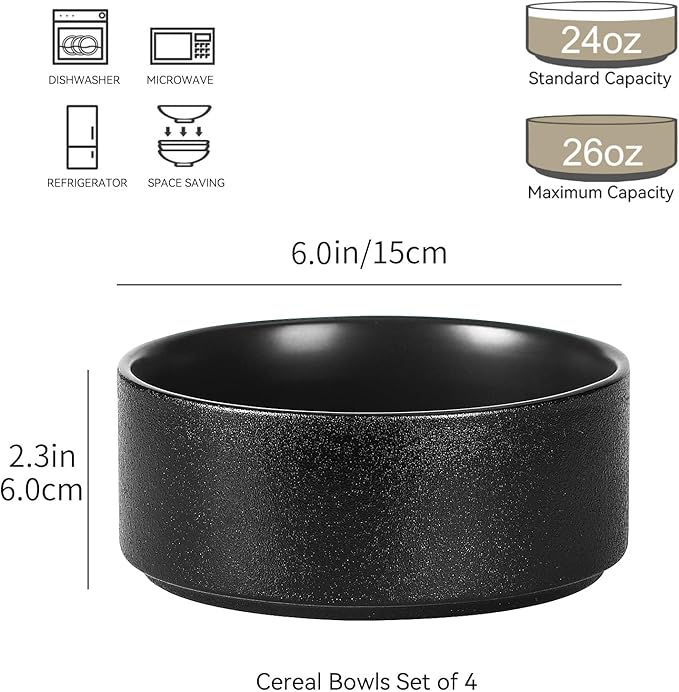 GZG Ceramic Cereal Bowls Set of 4,6 Inch Stoneware Soup Bowls,Dishwasher and Microwave Safe,Stackable,Scratch Resistant for Oatmeal,Fruit,Salads and Rice(Frosted Matte Black)