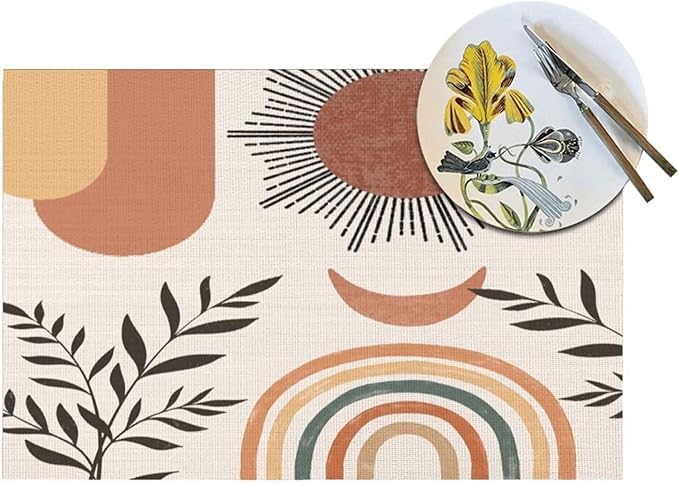 Mid Century Abstract Boho Placemats Orange Vintage Aesthetic Nature Leaf Sun Modern Washable Place Mats 12x18Inch for Dining Kitchen Farmhouse Decor 6 PCS