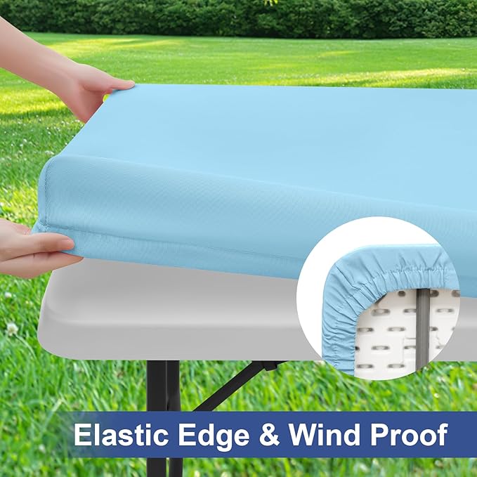 homing 2 Pack Rectangle Table Cloth, Elastic Fitted Fabric Tablecloth Fits for 8 Foot Folding Tables, Washable Table Cover for Picnic, Camping, Indoor & Outdoor (Light Blue, 30" x 96")