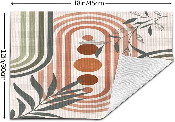 Mid Century Boho Sage Placemats, Abstract Bohemian Mid Century Plant Leaf Rainbow Dots Washable Place Mats 12x18Inch for Dining Kitchen Farmhouse Decor 4 PCS