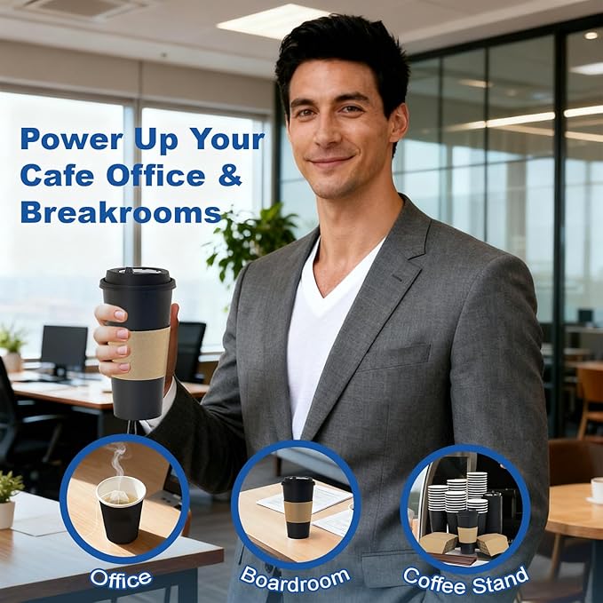 16 oz 100 Pack Coffee Cups with Lids and Sleeves, Straws, Hot Disposable To Go Travel Paper Cups Bulk for Office, Home Coffee Bar Accessories, Chocolate, Cocoa, Beverage (Black)
