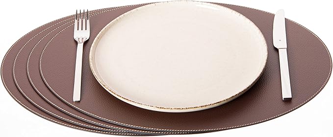 Nikalaz Oval Placemats Set (Pack of 4) Recycled Leather Table Mats 18 x 13 inches (45.7 x 33 centimetres), Kitchen Dining Table Decor by Nikalaz (Brown)