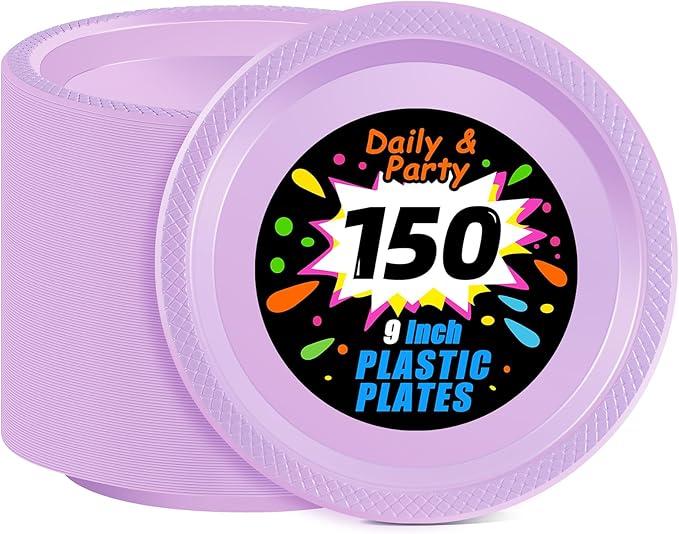 WELLIFE Lavender Party Plates 9 Inch -150 Count, Disposable Plastic Dinner Plates for Party Easter Mother's Day Wedding Birthday Picnic Graduation