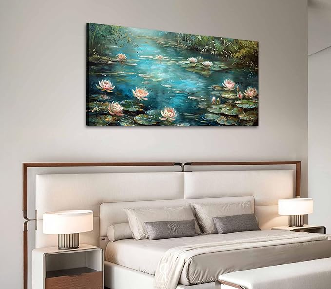 ADJUVANT Wall Art Impressionist Water Lily Pond 60" L x 30" W, Lotus Flower Canvas Painting Nature Artwork Green Water and Pink Blooms Prints Wall Decor for Living Room Bedroom Study Home Office