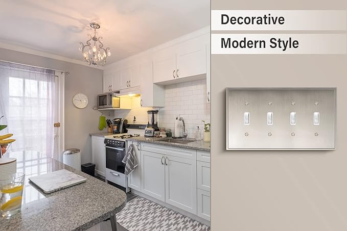 Henne Bery Soft Modern Decorative Wall Plate Switch Plate Outlet Cover (Quad Toggle, Satin Nickel)