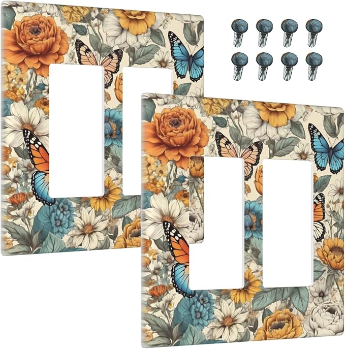 Outlet Covers Vintage Colorful Floral Butterfly Flowers 2 Gang Light Switch Cover Double Rocker Wall Plate Decorative GFCI Receptacle Electrical Switchplate for Bathroom Bedroom Decor（2 Pack）