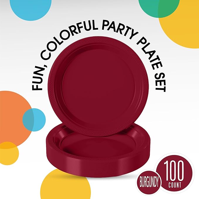 Burgundy Plastic Plates For Party 10" Burgundy Disposable Plates Heavy Duty Supplies 100 Pieces Plastic Dinnerware Sets Heavy Duty 350 GSM Disposable Dinnerware Set