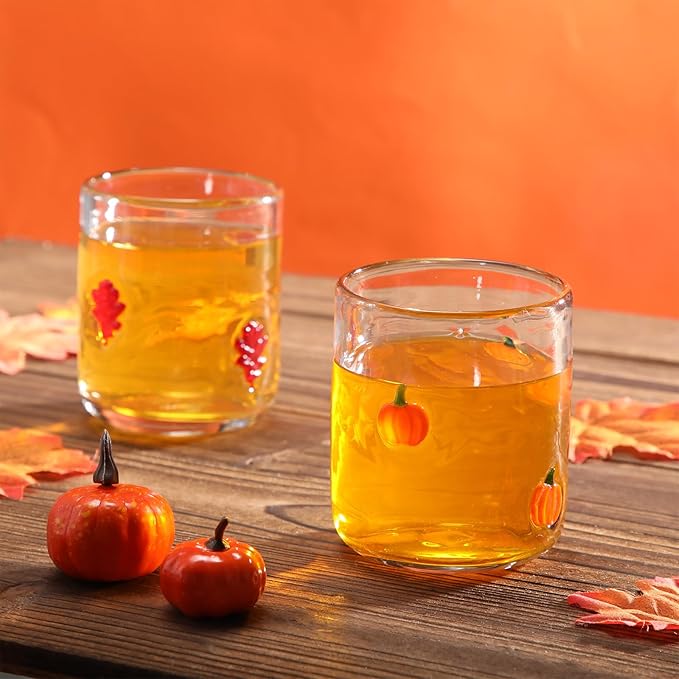 Icon Juice Glasses, 14oz Stemless Wine Drinking Juice Glass Cup for Valentine Party Supplies Gift(2 Pcs,Maple Leaf & Pumpkin)