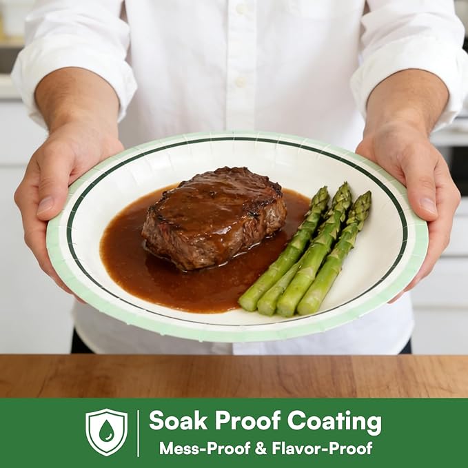 10'' Compostable Paper Plates With Green Circle Rims
