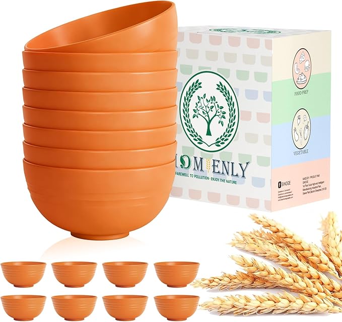 Homienly Wheat Straw Bowls Set, Unbreakable & Lightweight Microwave Safe Bowls for Soup, Cereal, Salad, 8-Piece Vibrant Soup Bowls for Kitchen, Family, Party, Picnic, Dishwasher Safe, 26 OZ(Orange)