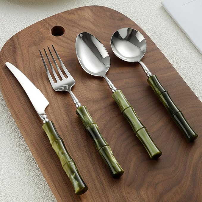 20 Piece Silverware Set Service for 4,Premium Bamboo Acrylic Handle Flatware Set Home Include Fork Knife Spoon Set Package for Christmas and Thanksgiving（Green）