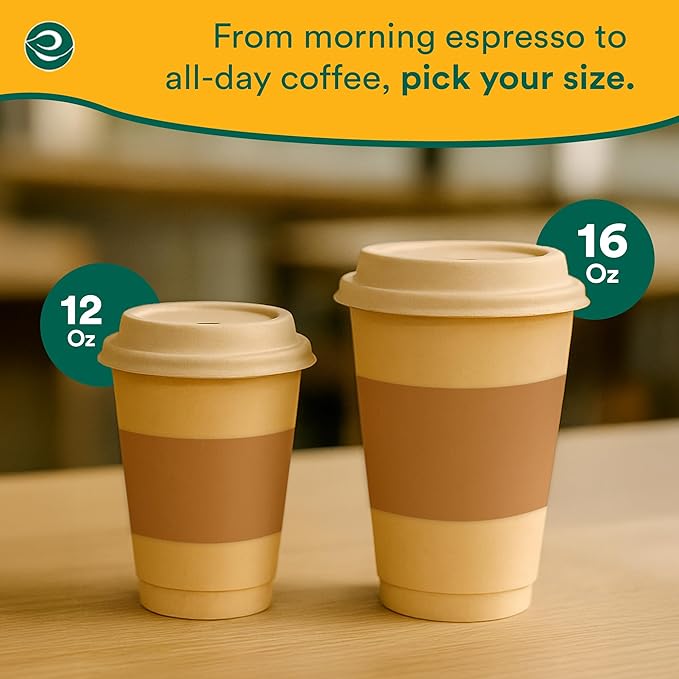ECO SOUL 25 Pack 16 oz Disposable Coffee Cups with Lids & Sleeves Eco-Friendly, Biodegradable, Compostable, Leak-free & Sturdy To Go Hot Drink Cup for Tea, Chocolate Party Travel Cafe Office & Home